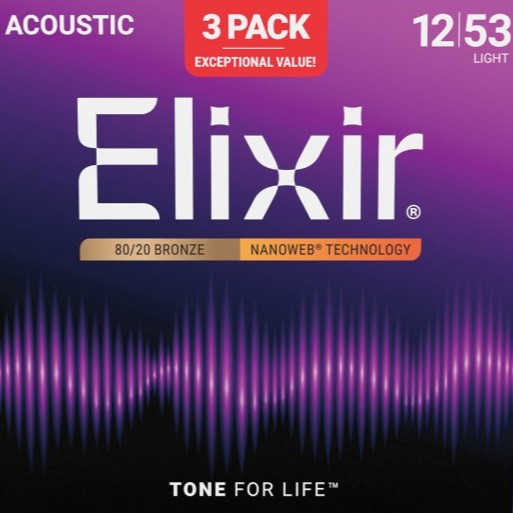 elixir nanoweb 80-20 bronze acoustic guitar strings 12-53 3-pack