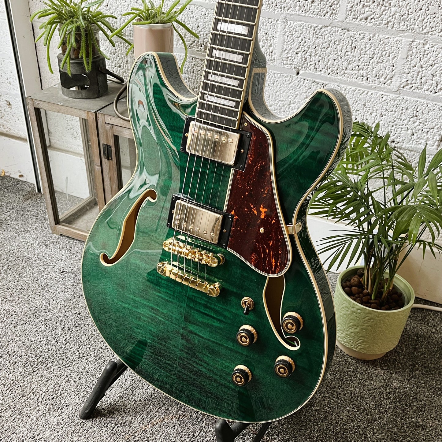 ibanez as93fm transparent moss green semi-hollow electric guitar side view
