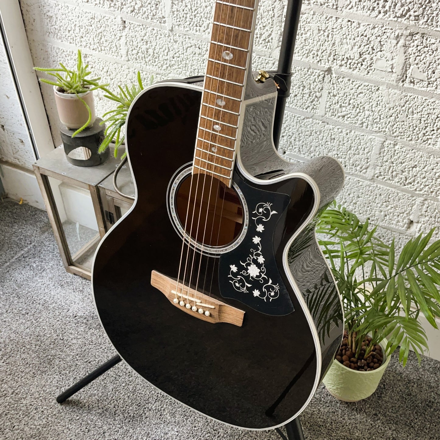 takamine gn75ce electro acoustic guitar transparent black body side angle