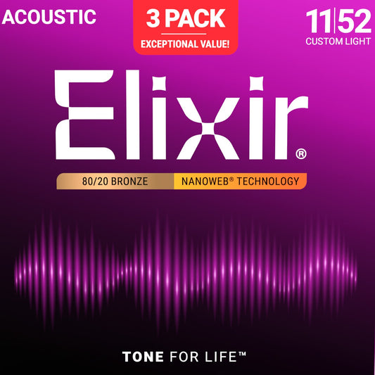 elixir nanoweb 80-20 bronze acoustic guitar strings 11-52 3-pack