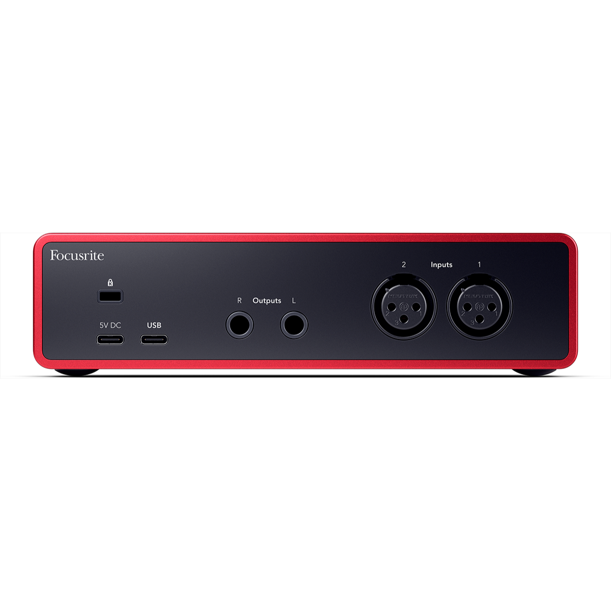 focusrite scarlett 2i2 4th gen usb audio interface back panel showing 
inputs outputs usb and dc power
