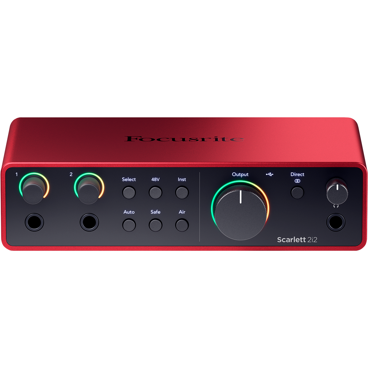 focusrite scarlett 2i2 4th gen usb audio interface front panel showing instrument inputs master volume and headphone controls