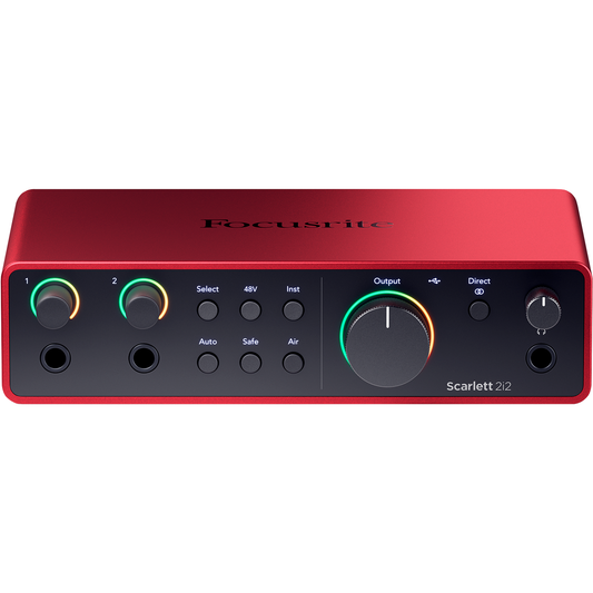 focusrite scarlett 2i2 4th gen usb audio interface front panel showing instrument inputs master volume and headphone controls