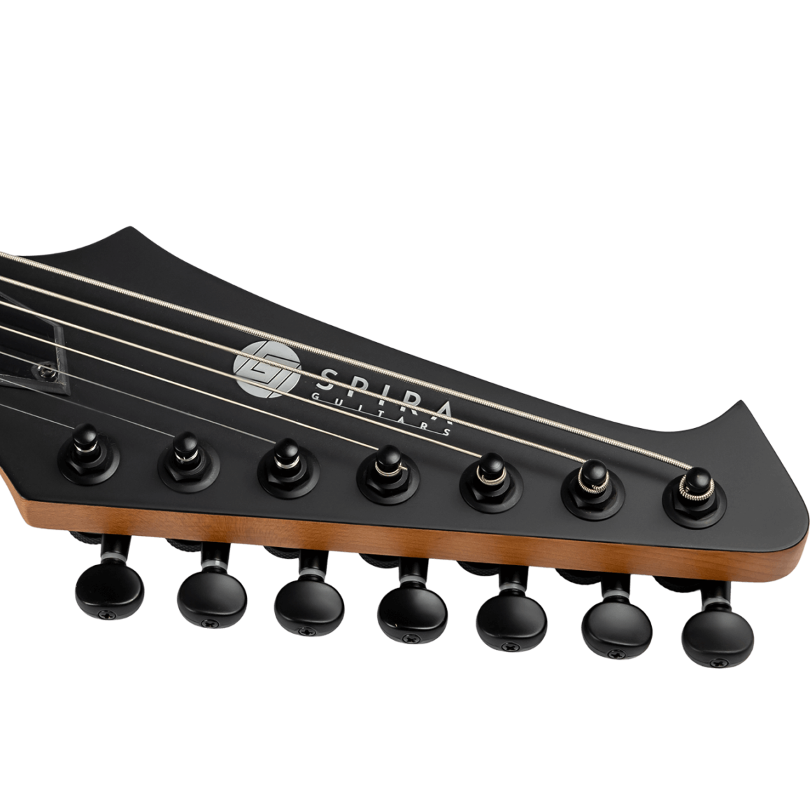 spira s-407 satin black 7-string electric guitar headstock